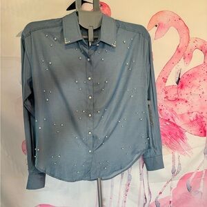 NWT Trendmates Light Blue Pearl-Scatter Embellished Button Down Shirt